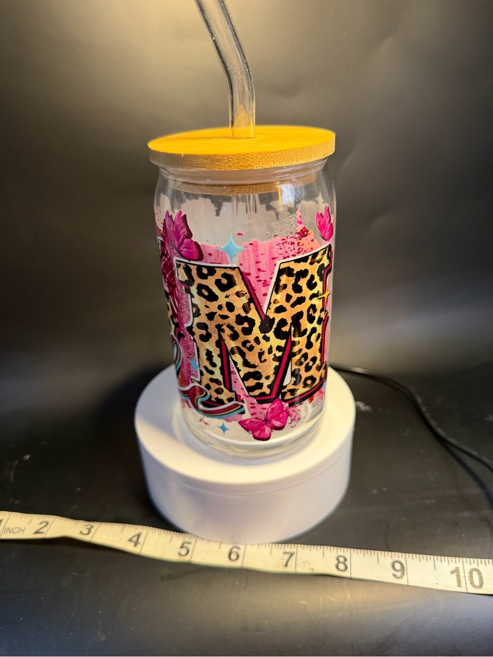 Leopard Print mom glass Tumbler with Yellow Lid